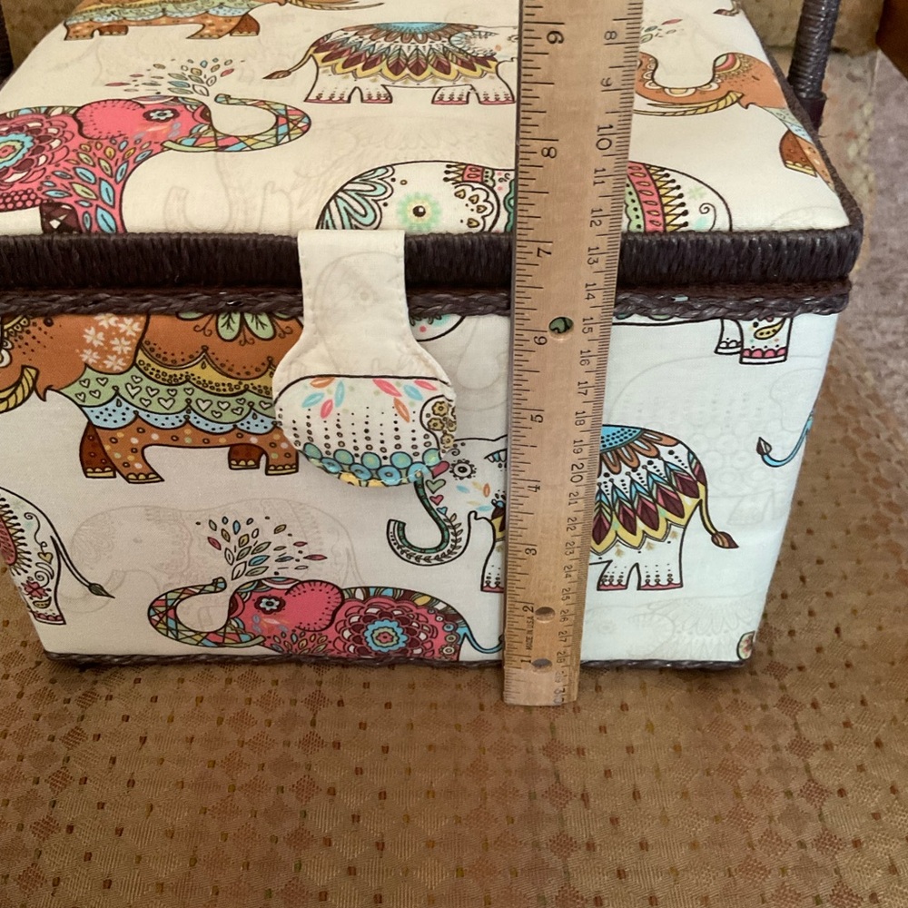 Sewing Box Gorgeous Colorful Elephants Fabric Padded w Handle - Picture 9 of 14